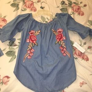 Denim Rose Embroidery Off the Shoulder